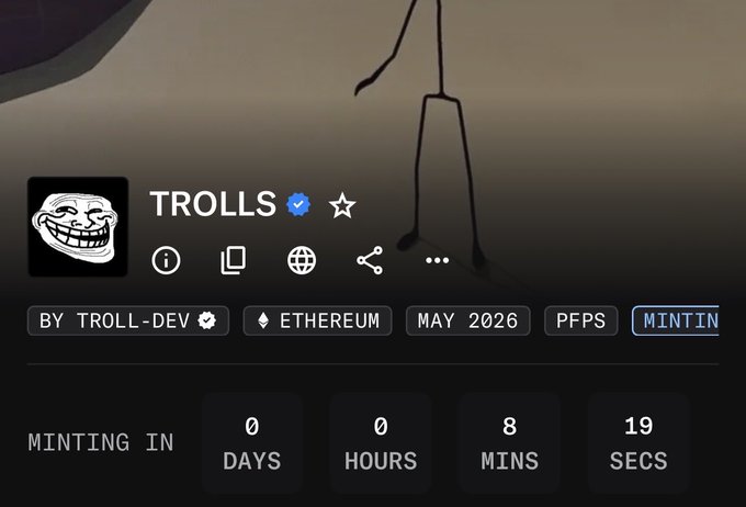 The image features a screenshot of the top part of a webpage, specifically the Twitter logo at the very top. The text "Trolls" is also displayed on this page along with some other information like the number of days, minutes, and seconds. It appears that someone has shared this content via social media, possibly as a discussion about a post related to the word " Trolls." However, it is unclear whether the website shown in the screenshot is affiliated with the actual Twitter team or not, as there is no official X linked account visible on the page. Another notable feature in the image is an @opensea message located near the bottom of the screen.