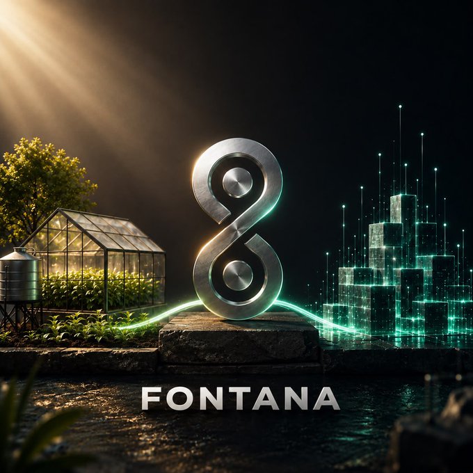 Digital artwork featuring a metallic figure-8 symbol on a pedestal, flanked by a glowing greenhouse on the left and a futuristic cyan cityscape on the right, with the word 'FONTANA' at the bottom.
