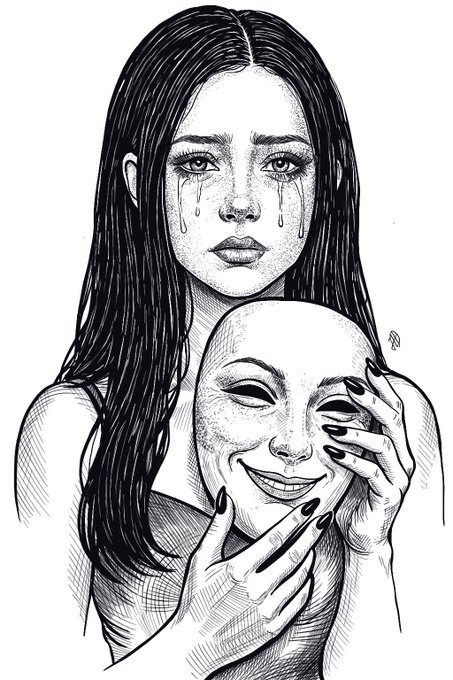 A detailed black-and-white illustration of a crying girl with tears streaming down her face while she holds a smiling mask.