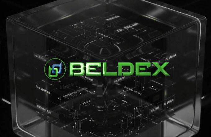 A dark, digital-themed graphic displays the green logo for 'BELDEX', a cryptocurrency, set against a background resembling a microchip or technological cube.