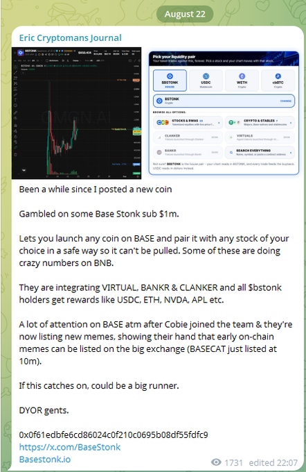 The image is a journal entry titled "Eric Cryptomans Journal" dated August 22, featuring screenshots of the BaseStonk (BSTONK) trading interface and "Pick your liquidity pair" page, with text discussing the coin's Base launch, BNB performance, and potential to reach 10m+ market cap. The accompanying post aligns with the journal's bullish sentiment on $BSTONK, reinforcing the prediction of a 10m+ rally this week.