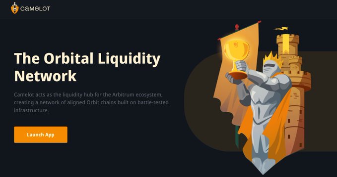 The image shows Camelot's promotional banner titled "The Orbital Liquidity Network," featuring a knight character holding a glowing orb, with text explaining that Camelot acts as the liquidity hub for the Arbitrum ecosystem. This directly relates to the post, as the user is learning about CamelotDEX and studying how to create a liquidity pool for $APE vs $USDC in practice.