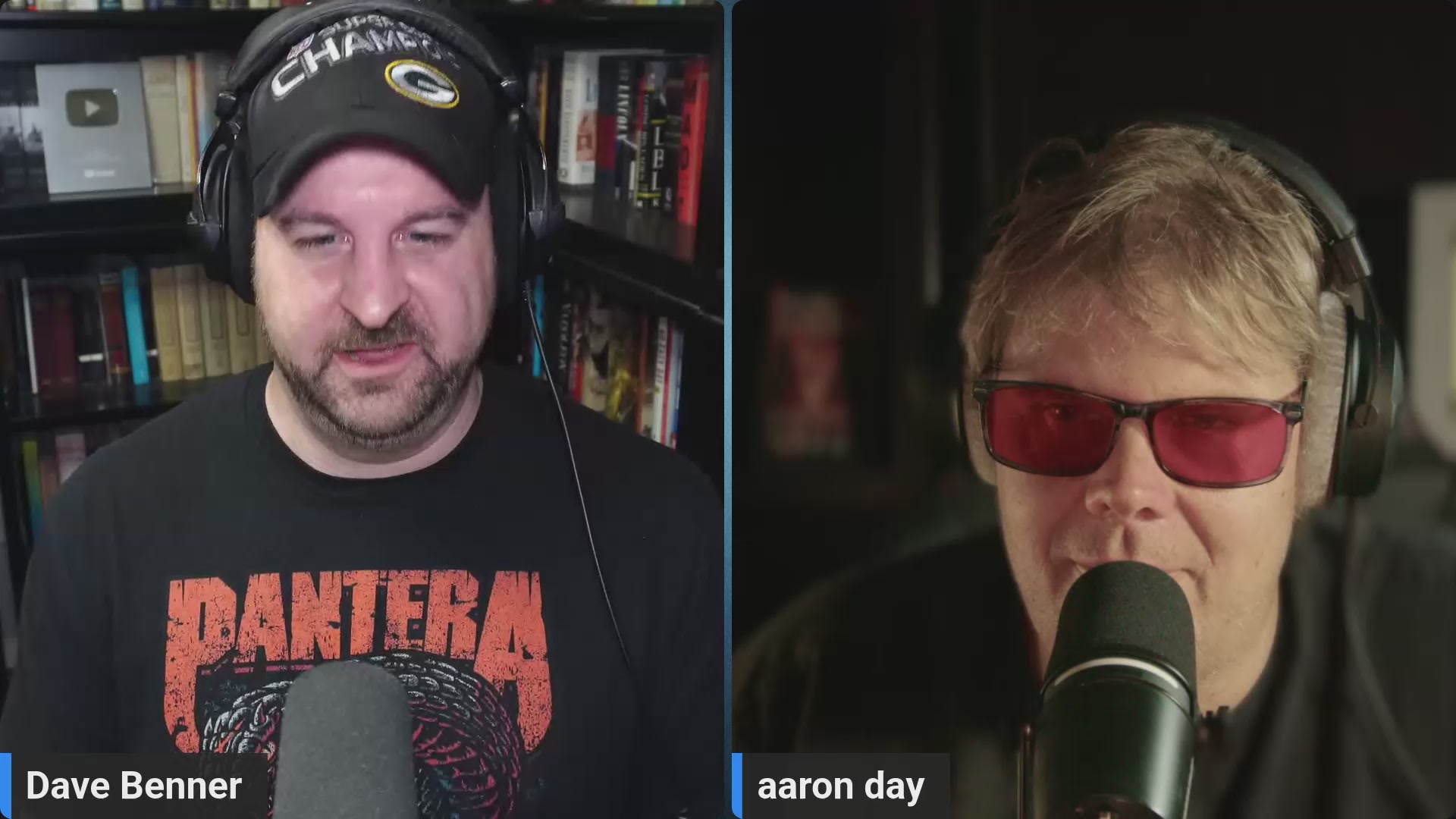 In the image, there are two men wearing headphones and microphones, likely participating in a podcast or radio show. They appear to be discussing something related to the Dark Threat posed by Mass Surveillance, CBDCs (Central Bank Digital Currencies), and stablecoins. The man on the left is wearing an orange shirt with "PANtera" written on it, while the other man has red sunglasses on his head. Both men are holding microphones in their hands as they engage in conversation about these topics.