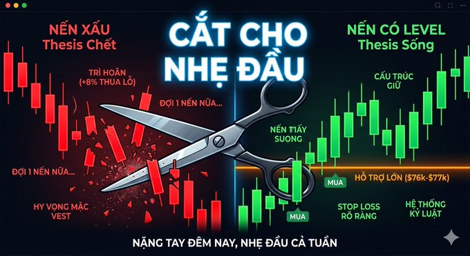 A Vietnamese trading graphic titled 'CẮT CHO NHẸ ĐẦU' (Cut for a Lighter Head) shows scissors cutting through candlestick charts, contrasting a bearish 'NẾN XẤU Thesis Chết' (red candles) with a bullish 'NẾN CÓ LEVEL Thesis Sống' (green candles), with annotations about stop loss and support levels.