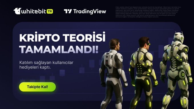 A promotional banner from WhiteBIT and TradingView in Turkish reading 'KRİPTO TEORİSİ TAMAMLANDI!' (Crypto theory completed!), featuring futuristic armored figures.