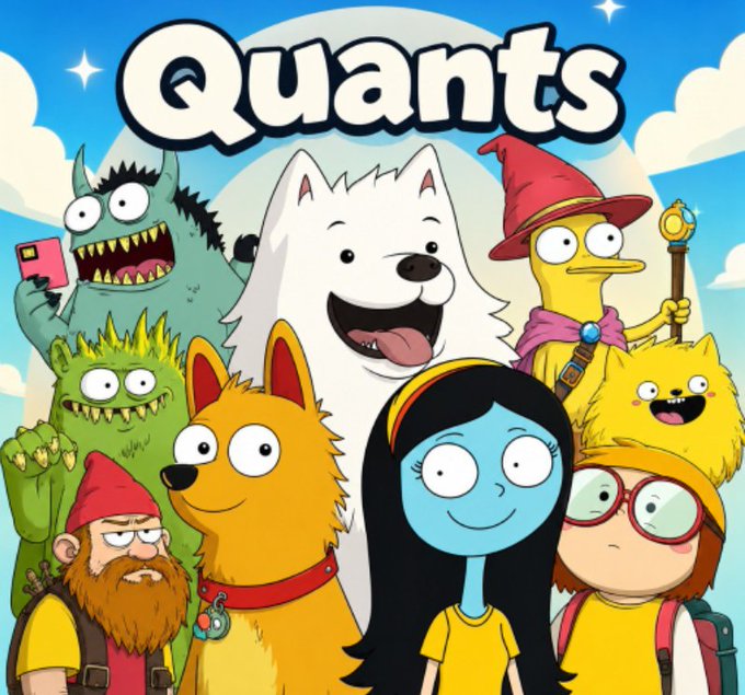 A colorful cartoon-style illustration titled 'Quants' featuring a group of quirky characters including a Samoyed dog, a fox, a blue-skinned girl, and various monsters in a cloudy sky setting.