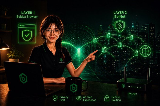 A promotional image for Beldex featuring a woman at a laptop labeled 'BeldexCore' with 'LAYER 1 Beldex Browser' and 'LAYER 2 BelNet' labels, highlighting Privacy First, Ad-free Experience, and Secure Routing.