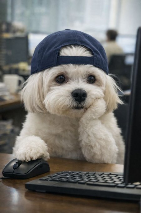 A fluffy white dog wearing a navy blue baseball cap backwards, posing thoughtfully with its paw on its chin while sitting at a wooden desk with a keyboard, mouse, and a laptop.