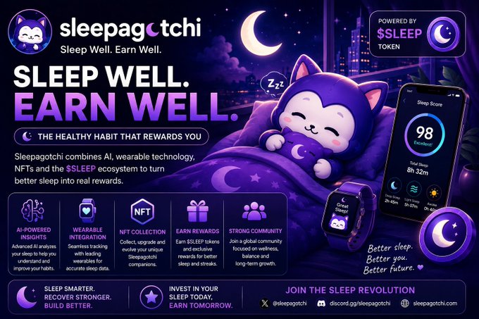 The image is a promotional graphic for "Sleepagotchi," featuring a cute purple cat-like mascot sleeping with "Zzz" bubbles, alongside a smartphone displaying a sleep score of 98 and 8h 32m of sleep, and a smartwatch. The ad promotes the tagline "Sleep Well. Earn Well." and highlights features like AI-powered insights, wearable integration, NFT collection, and rewards through the $SLEEP token.

The image directly supports the post by visually showcasing Sleepagotchi's core concept—turning healthy sleep habits into real rewards through Web3—emphasizing the AI, wearable, NFT, and $SLEEP token elements mentioned in the accompanying caption.