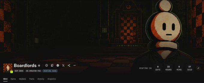 A promotional image featuring a checkered chess-themed character with the text "Boardlords" displayed alongside minting details (0 days, 23 hours, 9 wins, 27 secs), complementing the post's announcement of the OpenSea Allowlist Checker and Mint Page launch for the NFT collection on September 4 at 5:00 PM GMT+1.