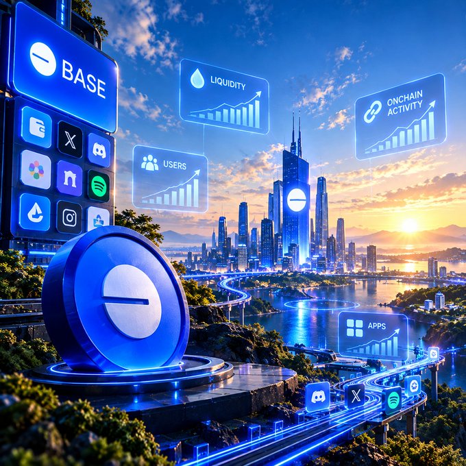 A digital illustration shows the 'BASE' cryptocurrency logo prominently displayed over a futuristic city skyline at sunset, with floating interface panels showing 'LIQUIDITY', 'USERS', 'ONCHAIN ACTIVITY', and 'APPS' growth charts alongside various app icons.