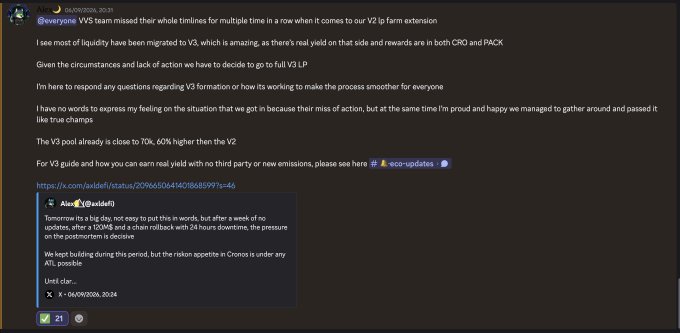 A Discord message from @everyone stating "VVS team missed their whole timelines for multiple time in a row when it comes to our V2 lp farm extension" and addressing V3 formation feedback, along with an embedded post from Alex (@validiff) discussing the decision-making pressure on the Cronos post-mortem dated 06/09/2026.