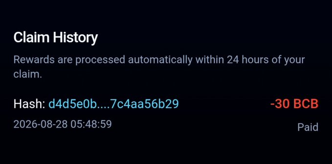 The image displays a "Claim History" interface showing a completed transaction with a hash of d4d5e0b...7c4aa56b29, dated 2026-08-28 05:48:59, with a status marked as "Paid" and a deduction of -30 BCB tokens, reflecting the user's successful claim from the Bitcoin Base airdrop. The note about rewards being processed within 24 hours aligns with the "Paid" status shown on this completed claim.