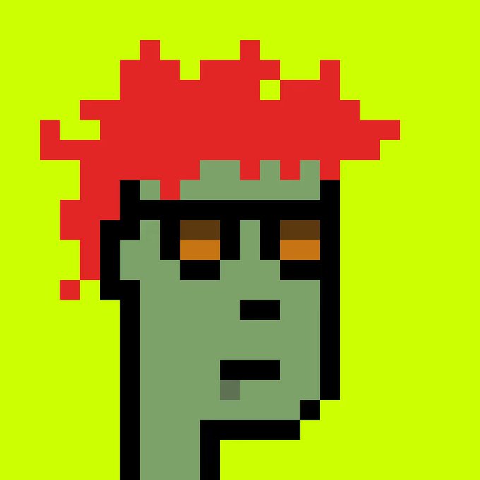 A pixel art portrait of a face with green skin tones, dark eyes, and a black mouth, set against a bright yellow-green background with a red, cloud-like shape above the head.