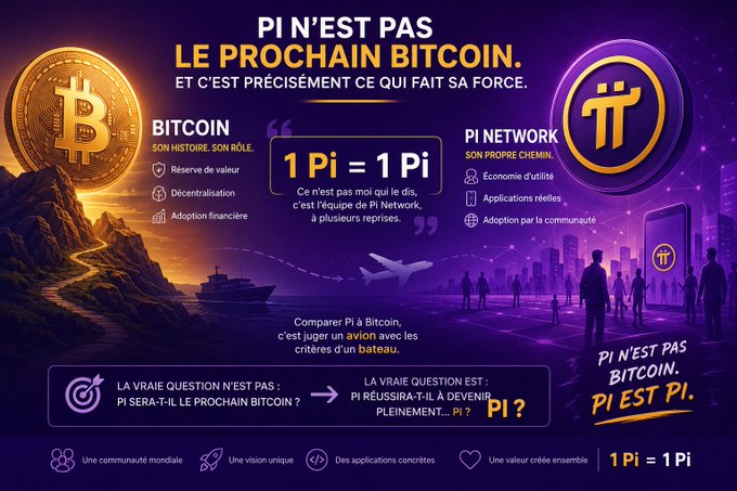 A French promotional graphic comparing Bitcoin to Pi Network, with the headline "PI N'EST PAS LE PROCHAIN BITCOIN" and "1 Pi = 1 Pi".
