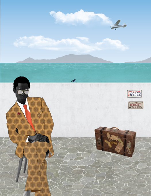 A collage-style artwork depicts a man in a brown patterned suit with a red tie sitting beside a vintage suitcase, set against a backdrop of ocean, mountains, and an airplane in flight, with a license plate reading '694E2' and a 'Happy Memories' tag on the wall.