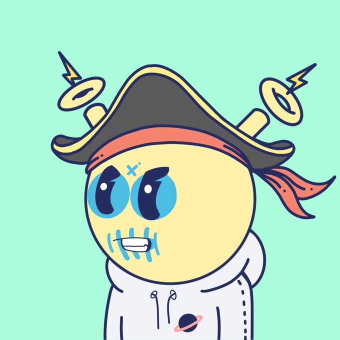 A cartoon illustration of a yellow round character wearing a pirate hat with a red bandana, featuring large blue eyes, a stitched mouth, and wearing a white hoodie, set against a light green background.