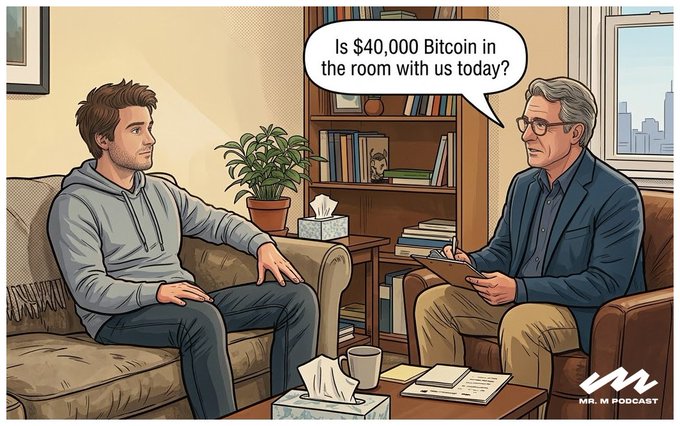 An illustration depicts a therapy session where a younger man on a couch is asked by an older man with a clipboard, 'Is $40,000 Bitcoin in the room with us today?', watermarked 'MR. M PODCAST'.