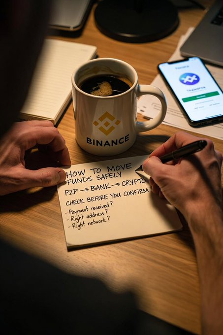 A person's hands writing a checklist titled 'HOW TO MOVE FUNDS SAFELY P2P -> BANK -> CRYPTO' on paper next to a Binance-branded coffee mug and a smartphone displaying the Binance app.