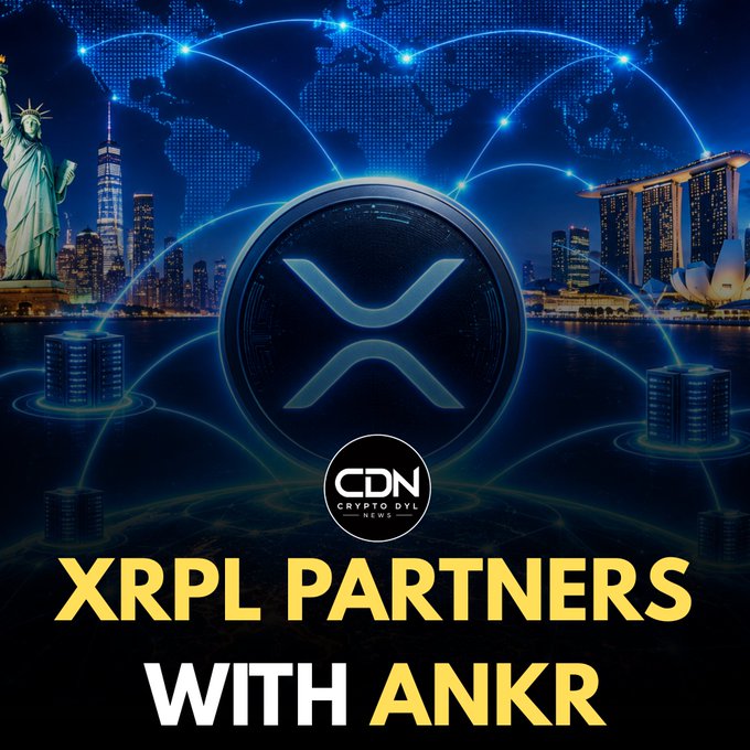 The image features the XRP Ledger logo prominently displayed against a backdrop of illuminated cityscapes, including the Statue of Liberty and Marina Bay Sands in Singapore, with glowing network nodes connected across a world map. Bold yellow and white text at the bottom announces "XRPL PARTNERS WITH ANKR," with the CDN Crypto DVL News logo centered below the XRP emblem, visually reinforcing the announcement of expanded global infrastructure.