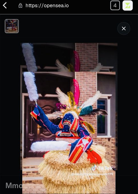The image, displayed on the OpenSea website (opensen.io), shows a vibrant figure in elaborate, colorful traditional attire with a feathered headdress and grass skirt, performing outdoors in front of a brick house. A TikTok watermark reading "@gaboncaptainpapadeley179" is visible, though it has no apparent connection to the post's message about a "free mint" with "gtd" and "fcfs" spots available.