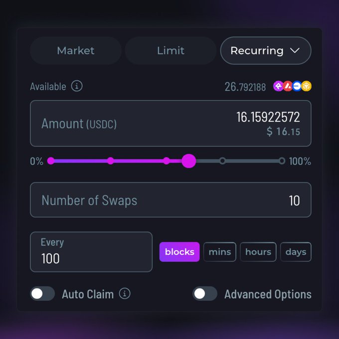 Cryptocurrency swap interface with Recurring option selected, showing 16.15922572 USDC ($16.15) available, 10 swaps every 100 blocks, with Auto Claim and Advanced Options toggles.