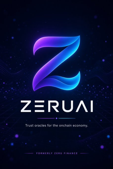 A logo graphic for 'ZERUAI' featuring a stylized purple and blue 'Z' with the text 'Trust oracles for the onchain economy' and 'FORMERLY ZERU FINANCE' displayed against a dark, starry background.