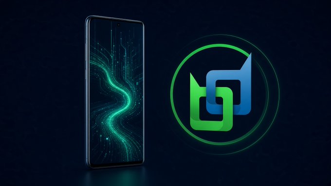 A digital graphic showing a smartphone with a glowing green wave/circuit pattern on its screen, alongside a green and blue interlocking chain-link logo.