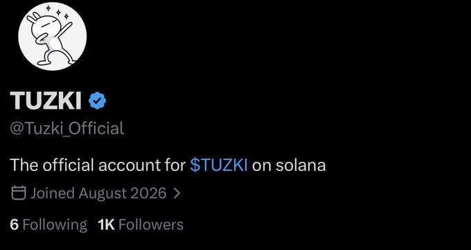 The image shows the official TUZKI (@Tuzki_Official) Twitter/X profile, which features a white cartoon rabbit mascot and describes itself as "The official account for $TUZKI on solana." The account, joined in August 2026, has 1K followers and 6 following, aligning with the post's reference to "$TUZKI" and its presence on Solana.