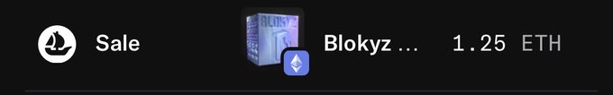 A dark-themed NFT marketplace interface snippet showing a 'Sale' listing for an item named 'Blokyz...' priced at 1.25 ETH next to a blue Ethereum icon.