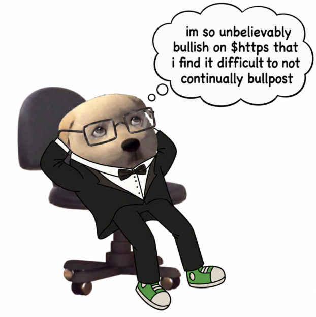 Meme featuring the 'chair dog' character in a suit with glasses, thinking 'im so unbelievably bullish on $https that i find it difficult to not continually bullpost'.