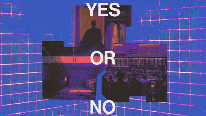A graphic collage with a neon grid background featuring the text 'YES OR NO' overlaid on dark, mysterious scenes.