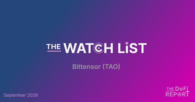 The image is a title slide for "THE WATCH LIST" report on Bittensor (TAO), dated September 2026, branded by "THE DeFi REPORT." The accompanying post critiques the report for containing factual errors about Bittensor subnets, specifically calling out the claim about ilium.io being the largest subnet by market cap.