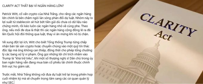 Vietnamese article titled 'CLARITY ACT THẬT BÀI VỊ NGÂN HÀNG LỚN?' about the CLARITY Act, featuring Patrick Witt (former Ripple executive), alongside an image of a CLARITY Act document with the US Capitol building.