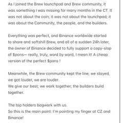 The image shows an excerpt of a heartfelt letter addressed to Binance and its founder CZ, in which the author—writing as a member of the Brew launchpad and community—praises Binance and the SPORTS token for their support during the line's launch, emphasizes the community spirit and shared effort between builders and holders, and ultimately declares "Binance!" with a heartfelt salute.

The accompanying post frames the image as a personal tribute from the Brew community member, directly tying the letter's message of gratitude and loyalty to Binance and CZ.