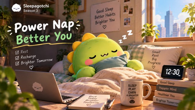 An illustrated promotional image for 'Sleepagotchi Season 3' features a green dinosaur-like character napping with the text 'Power Nap Better You' alongside a list including 'Rest', 'Recharge', and 'Brighter Tomorrow'.