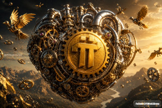 This steampunk-inspired image features a heart composed of intricate golden gears, with the Pi Network symbol at its center, symbolizing the synchronized "forging" of lasting value. The scene is set against a dramatic mountain landscape with birds flying around the mechanical heart.