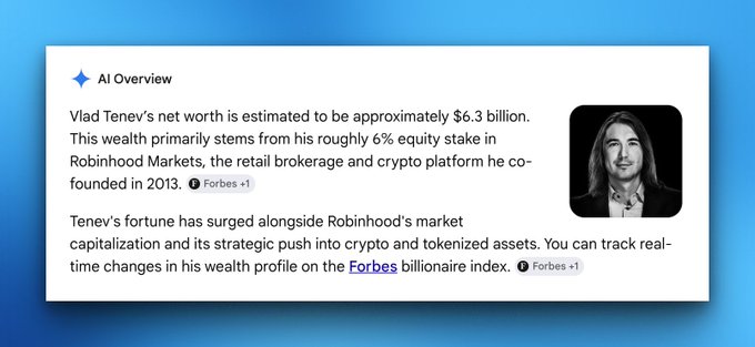 An AI Overview card from Google displays Vlad Tenev's net worth at approximately $6.3 billion, citing his roughly 6% equity stake in Robinhood Markets, which co-founded in 2013. The image supports the post's mocking tone by providing the exact figure used to dismiss comments accusing the Robinhood co-founder of orchestrating something significant.