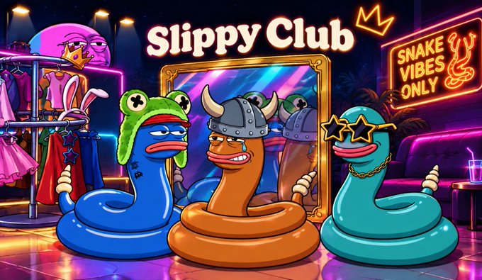 A vibrant digital illustration titled 'Slippy Club' features three cartoonish worm-like characters—one blue in a frog hat, one orange in a Viking helmet, and one teal wearing star-shaped sunglasses—standing in a neon-lit club setting.