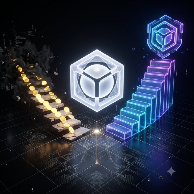 A digital artwork showing a glowing white cube in the center, with a staircase of glowing purple/blue blocks on the right topped with another cube, and floating gold coins on the left against a dark background.