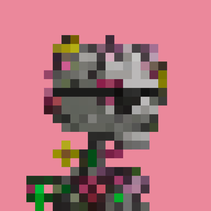 A heavily pixelated/mosaic-style portrait of a figure with dark hair against a solid pink background, obscuring all identifiable features.