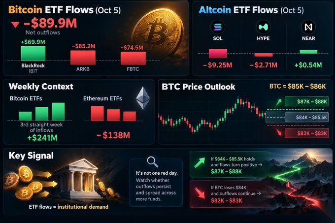 A cryptocurrency dashboard titled 'Bitcoin ETF Flows (Oct 5)' showing -$89.9M net outflows from BlackRock IBIT (+$69.9M), ARKB (-$85.2M), and FBTC (-$74.5M), plus Altcoin ETF flows, weekly context, and a BTC price outlook ranging from $82K-$88K.