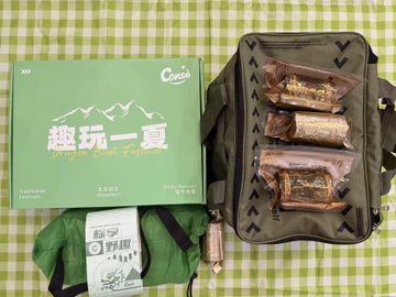 The image features a green backpack, a brown bag with a black design, and some food items placed inside them. The backpack appears to be full of snacks or other personal belongings. There are also two boxes present in the scene, one being a green box labeled "@conso_zh" and another being a brown box labeled "@showy005". These boxes might contain additional items or be related to the content displayed on the image.