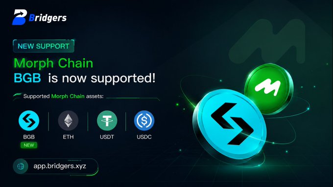 An advertisement from Bridgers announcing 'NEW SUPPORT: Morph Chain BGB is now supported!' alongside logos for BGB, ETH, USDT, and USDC, with the URL app.bridgers.xyz.