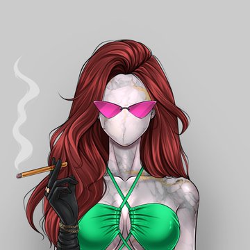 An illustration of a woman with long red hair, pink sunglasses, and a white mask with a crack, wearing a green bikini top and black gloves while holding a smoking cigarette.