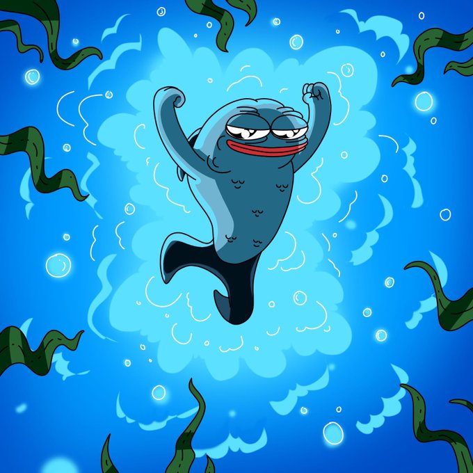 A cartoon blue fish-like character flexes its muscular arms with a smug grin, surrounded by a glowing blue aura and bubbles amid swaying seaweed. The image playfully visualizes the "$SUI" crypto token's mascot as powered-up and energized, matching the post's theme of being recharged and ready for Friday.
