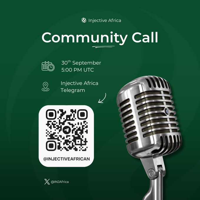 A green promotional graphic for 'Injective Africa Community Call' on September 30th at 5:00 PM UTC, featuring a QR code and a vintage silver microphone.