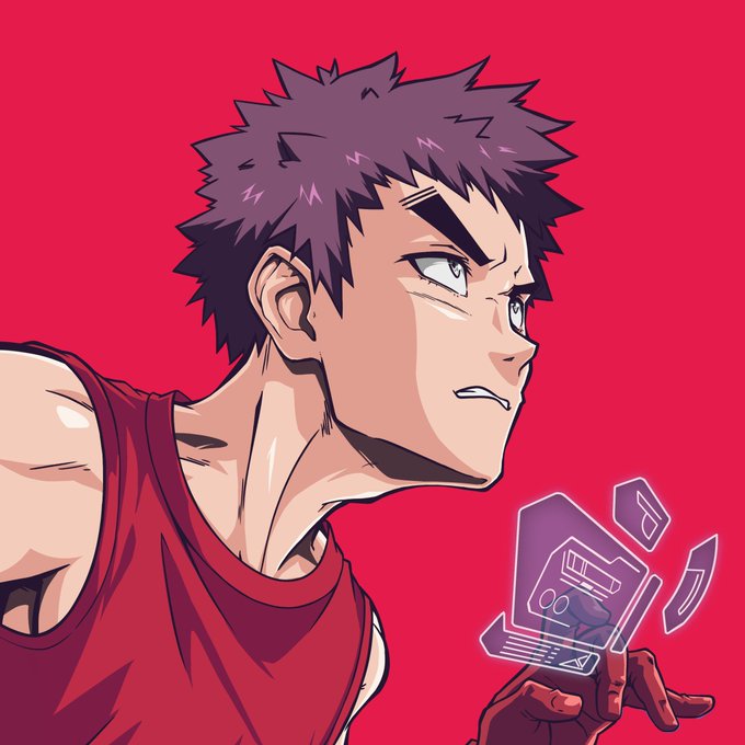 An anime-style illustration of a spiky-haired character in a red tank top looking intensely to the side, reaching toward floating purple holographic card fragments against a red background.