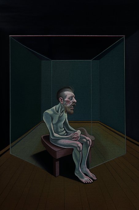 A dark, surreal illustration of a gaunt, sad-looking figure with a beard sitting hunched over on a small bench inside a glass cube in a dim room.