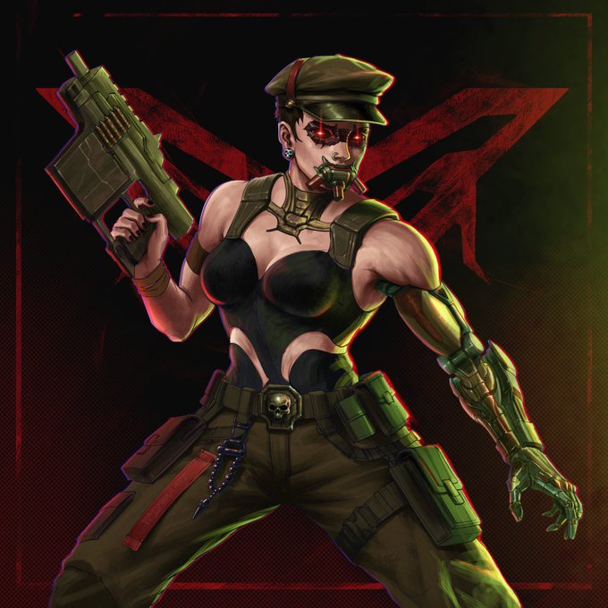 A stylized digital illustration of a muscular female soldier with a cybernetic green arm, red glowing eyes, a military cap, and a skull belt buckle, holding a large futuristic gun.
